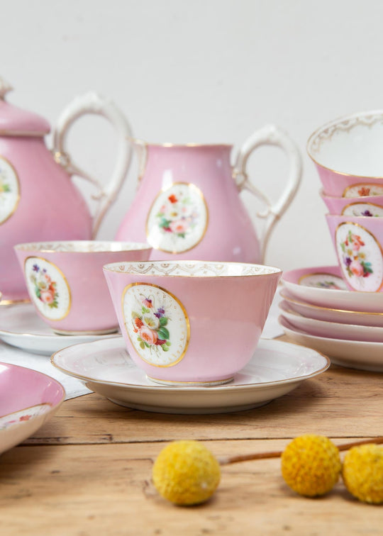 Juego de té PARA 11 porcelana rosa medallón Vieux Paris c. 1900s (25 PIEZAS)