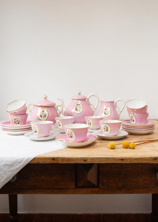 Juego de té PARA 11 porcelana rosa medallón Vieux Paris c. 1900s (25 PIEZAS)