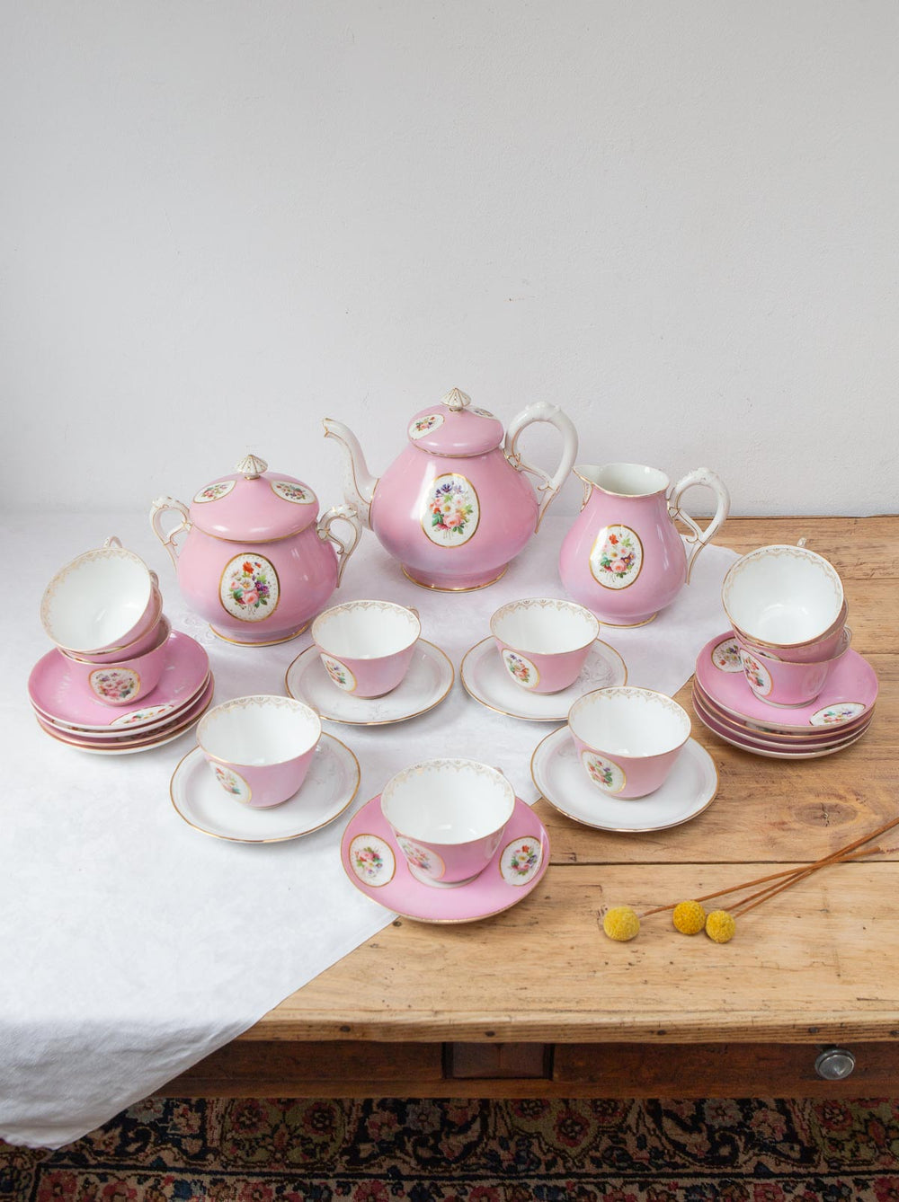 Juego de té PARA 11 porcelana rosa medallón Vieux Paris c. 1900s (25 PIEZAS)