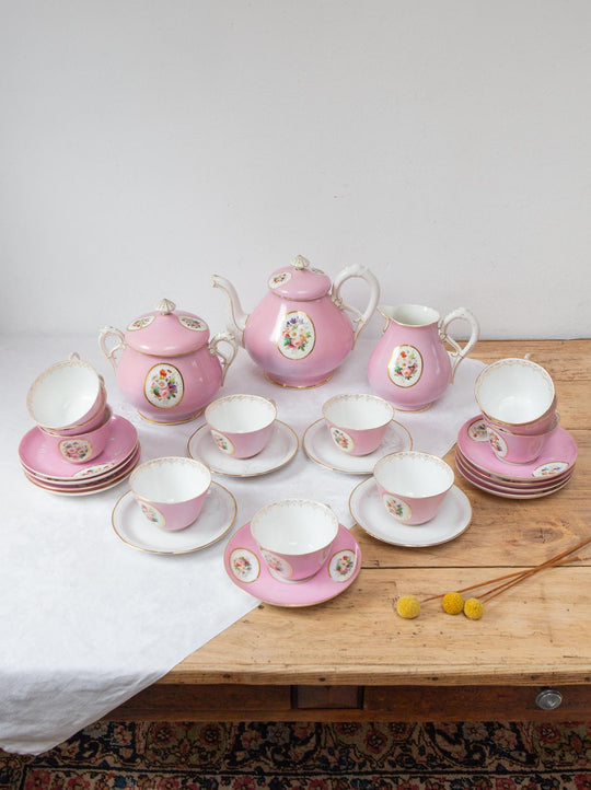 Juego de té PARA 11 porcelana rosa medallón Vieux Paris c. 1900s (25 PIEZAS)