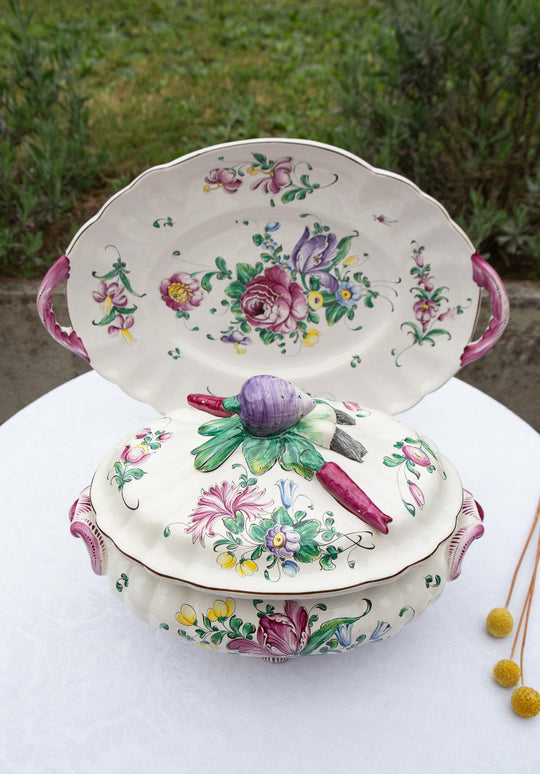 Antigua sopera con fuente de loza francesa "Faïence de l'Est" Henri Chaumeil c. 1910