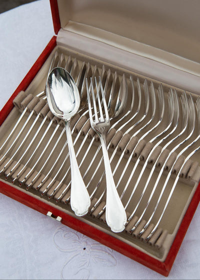 Juego cubiertos ENTRANTES para 12 Alfenide Christofle Pompadour en estuche (24 PIEZAS)