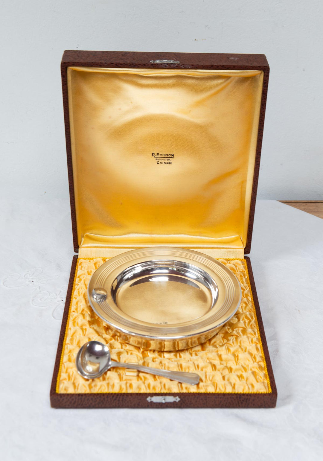 Antiguo calienta platos francés Dixi art decó metal baño plata c. 1940s en estuche