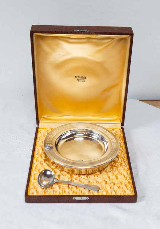 Antiguo calienta platos francés Dixi art decó metal baño plata c. 1940s en estuche