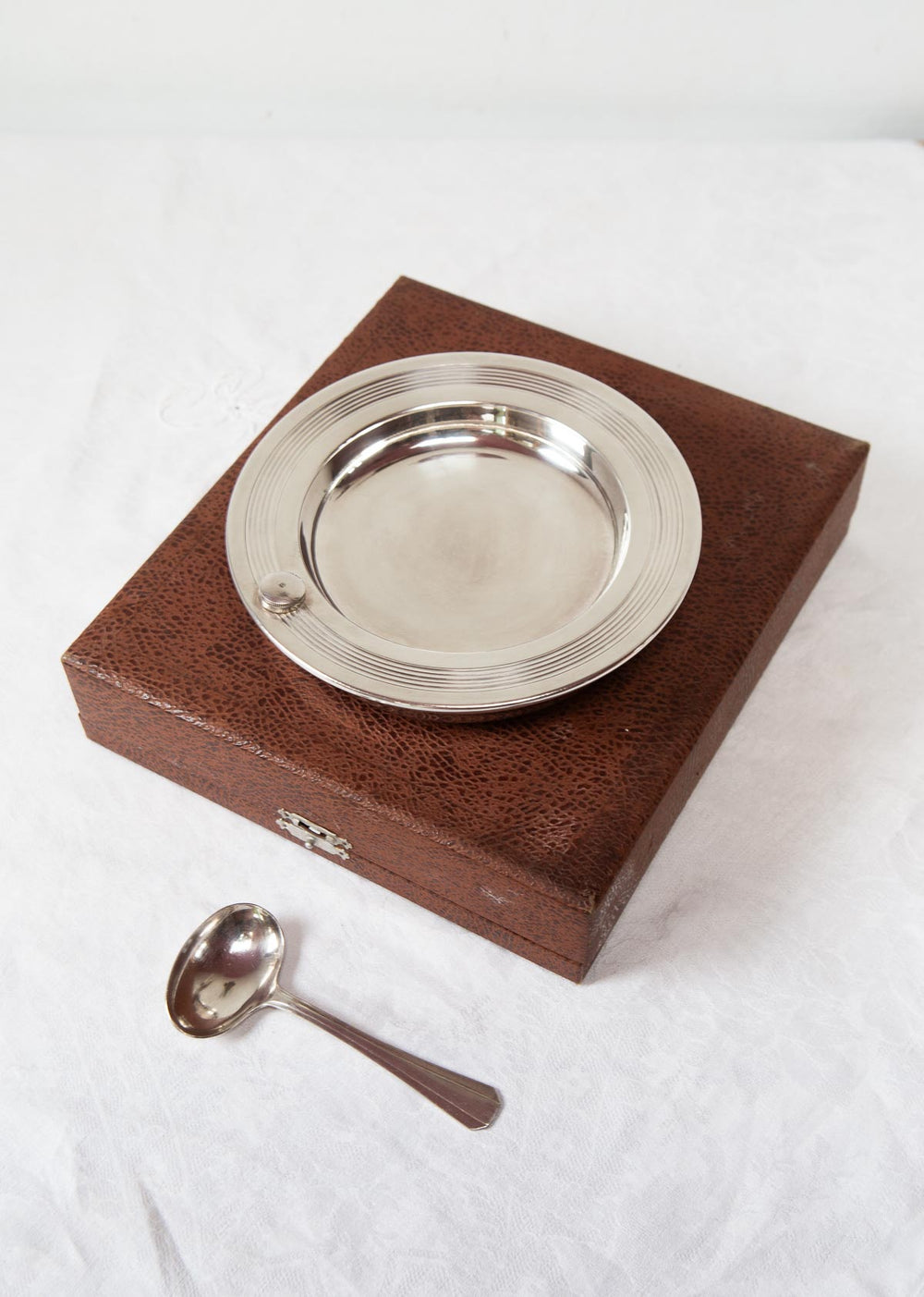 Antiguo calienta platos francés Dixi art decó metal baño plata c. 1940s en estuche