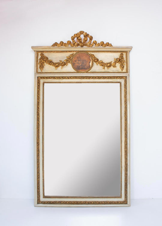 Antiguo espejo trumeau francés estilo Louis XVI con copete y lazo c. 1900 (127*75 cm)