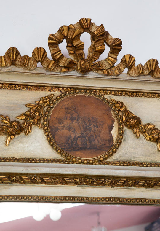 Antiguo espejo trumeau francés estilo Louis XVI con copete y lazo c. 1900 (127*75 cm)