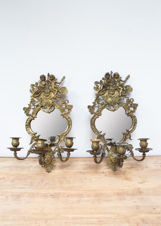 Grandes candelabros pared franceses con espejo, putti y mascarón c. 1880 (x UNIDAD)