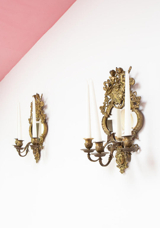 Grandes candelabros pared franceses con espejo, putti y mascarón c. 1880 (x UNIDAD)