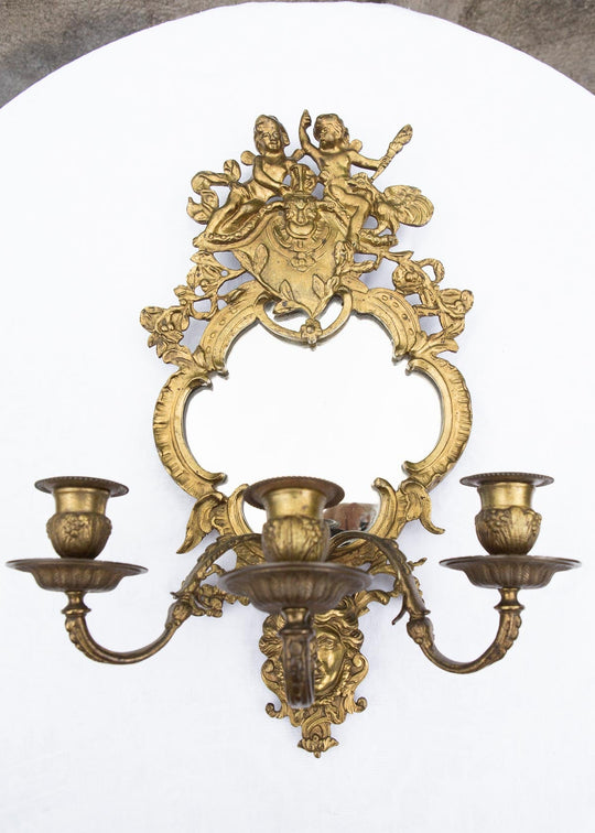 Grandes candelabros pared franceses con espejo, putti y mascarón c. 1880 (x UNIDAD)