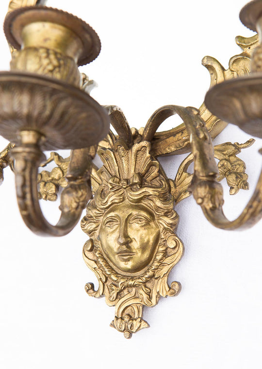 Grandes candelabros pared franceses con espejo, putti y mascarón c. 1880 (x UNIDAD)