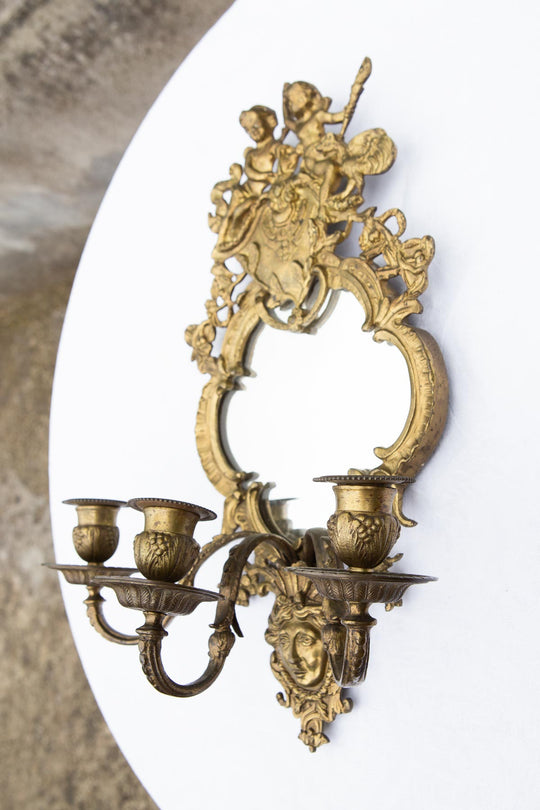Grandes candelabros pared franceses con espejo, putti y mascarón c. 1880 (x UNIDAD)