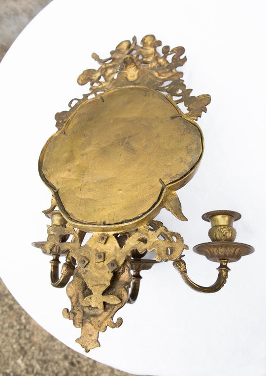 Grandes candelabros pared franceses con espejo, putti y mascarón c. 1880 (x UNIDAD)