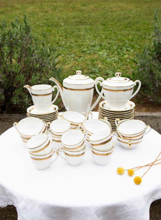 Juego de té PARA 12 porcelana Limoges filo dorado greca clásica (27 PIEZAS)