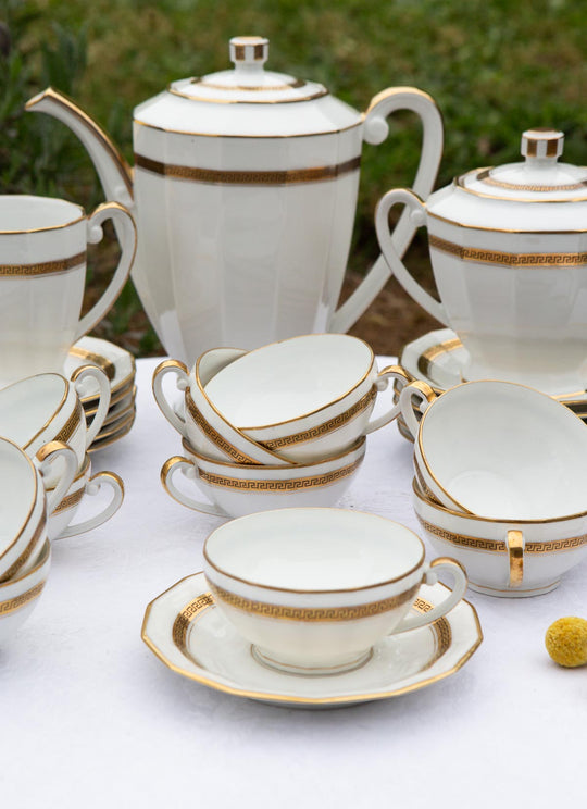 Juego de té PARA 12 porcelana Limoges filo dorado greca clásica (27 PIEZAS)