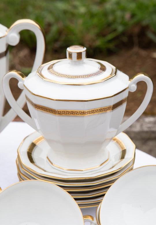 Juego de té PARA 12 porcelana Limoges filo dorado greca clásica (27 PIEZAS)