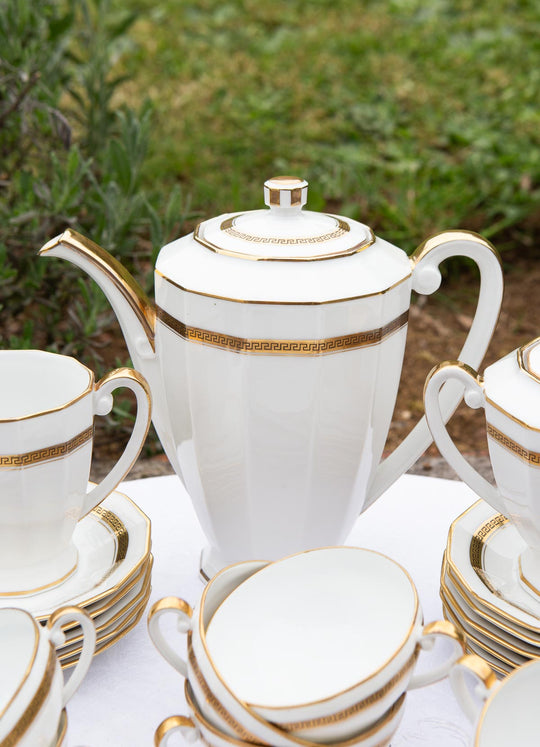 Juego de té PARA 12 porcelana Limoges filo dorado greca clásica (27 PIEZAS)