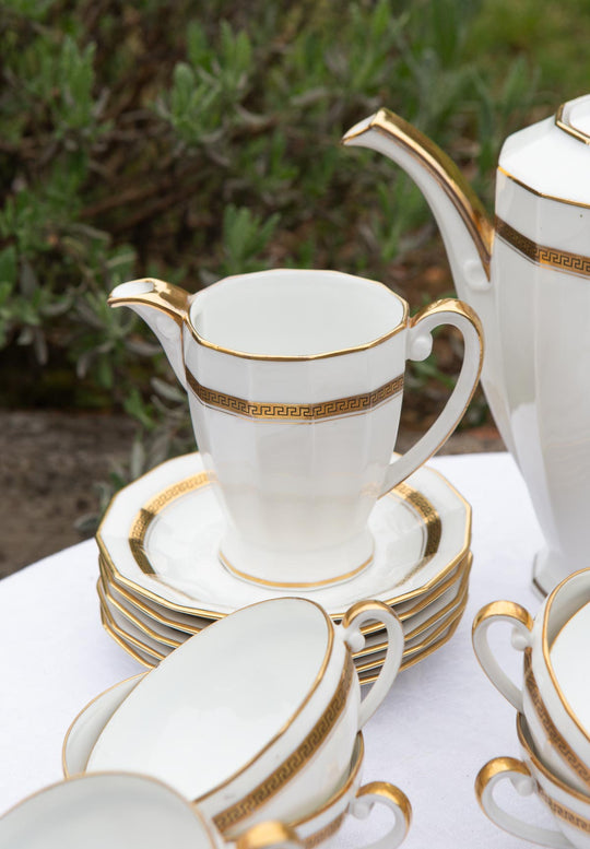 Juego de té PARA 12 porcelana Limoges filo dorado greca clásica (27 PIEZAS)