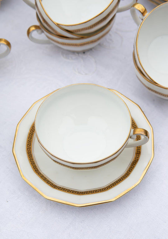 Juego de té PARA 12 porcelana Limoges filo dorado greca clásica (27 PIEZAS)