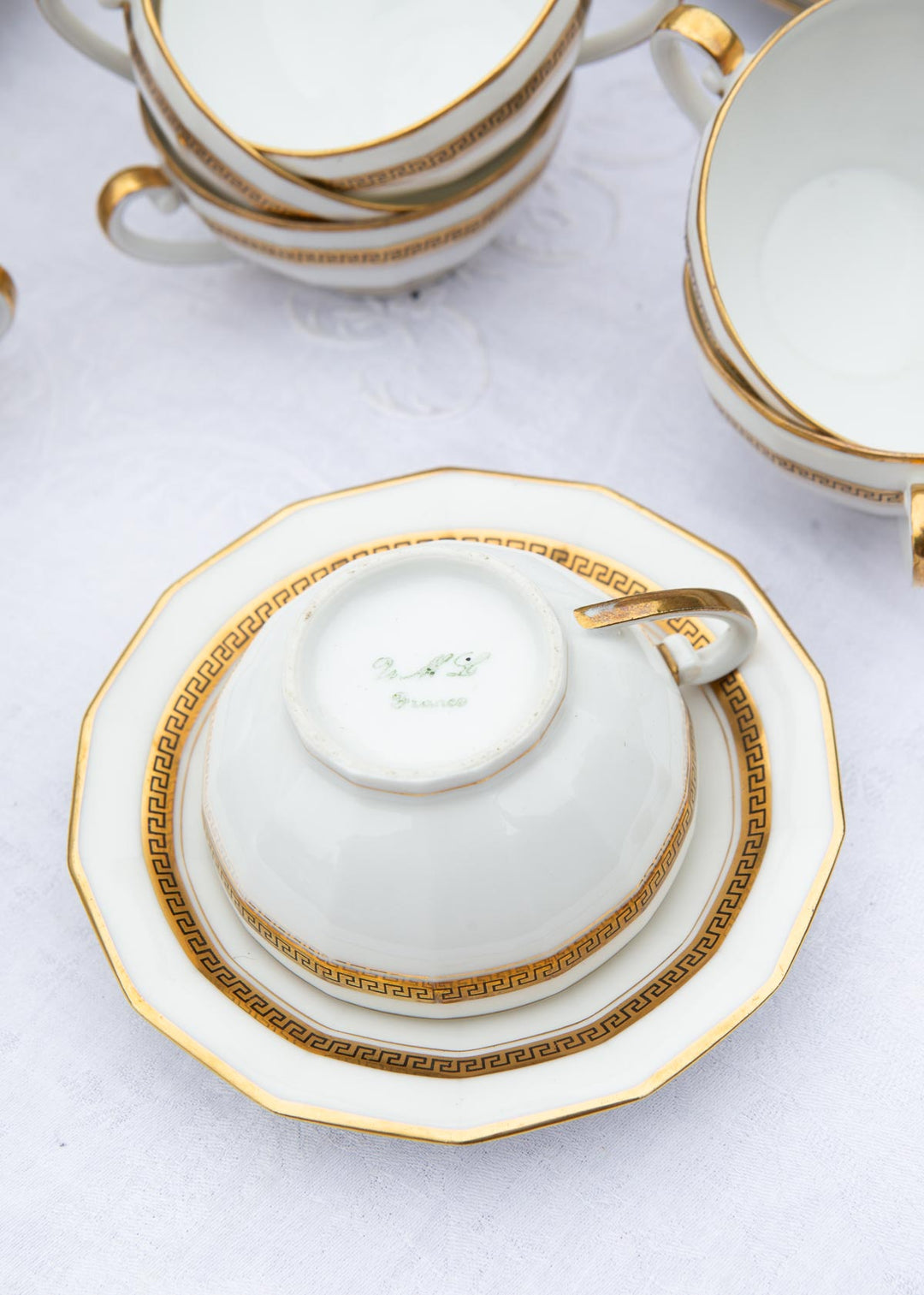 Juego de té PARA 12 porcelana Limoges filo dorado greca clásica (27 PIEZAS)