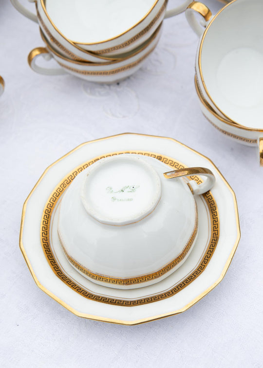 Juego de té PARA 12 porcelana Limoges filo dorado greca clásica (27 PIEZAS)