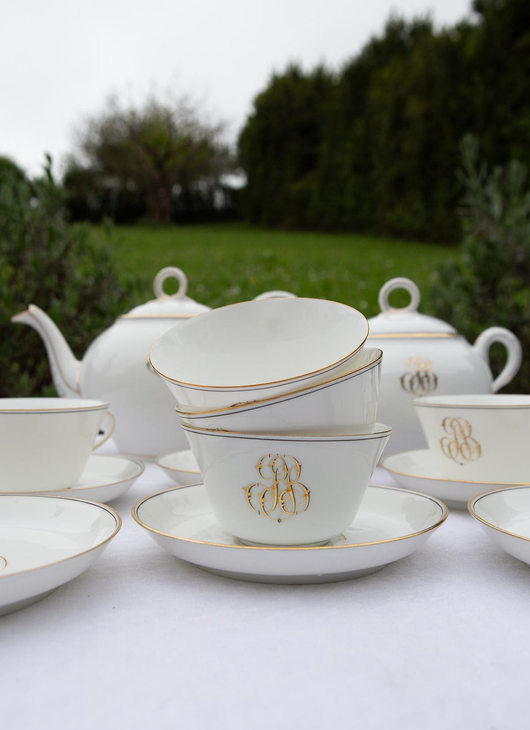 Juego de té PARA 6 porcelana Mansard et Fils iniciales P.B. c. 1890 (14 PIEZAS)