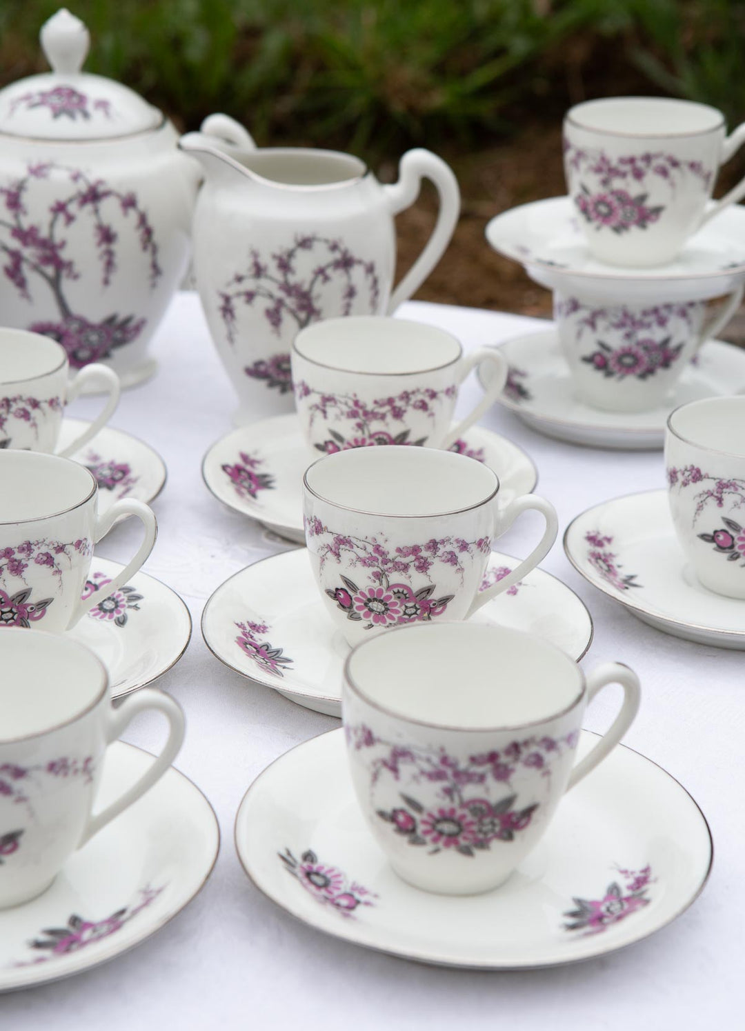 Juego de café 14 SERVICIOS Limoges Chapus art decó flores violeta (32 PIEZAS)