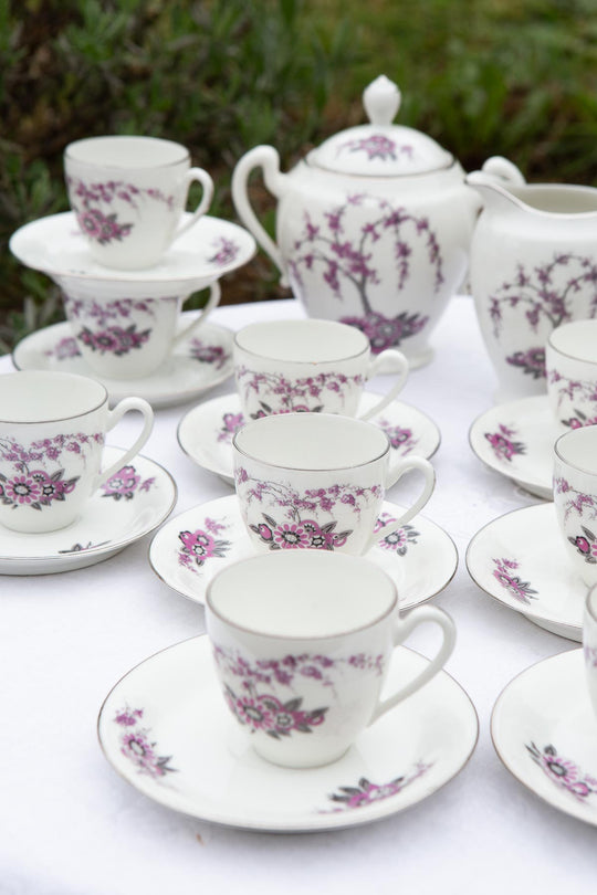 Juego de café 14 SERVICIOS Limoges Chapus art decó flores violeta (32 PIEZAS)
