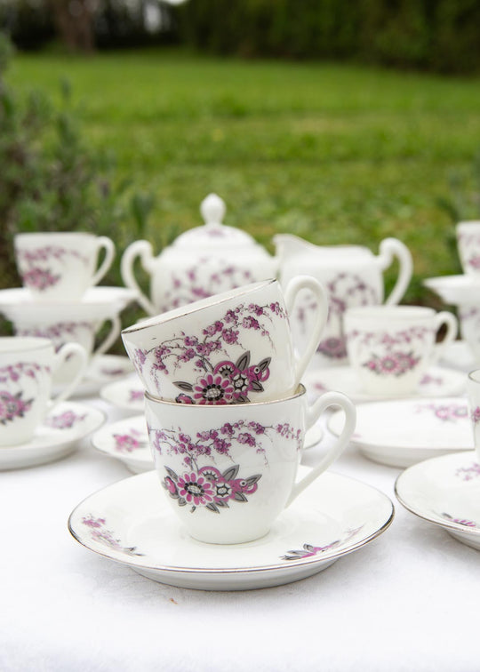 Juego de café 14 SERVICIOS Limoges Chapus art decó flores violeta (32 PIEZAS)