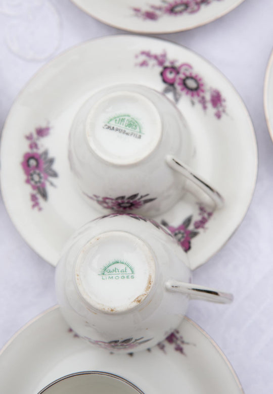 Juego de café 14 SERVICIOS Limoges Chapus art decó flores violeta (32 PIEZAS)