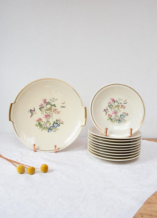 Juego de postre en porcelana Limoges flores filo dorado PARA 10 (11 PIEZAS)