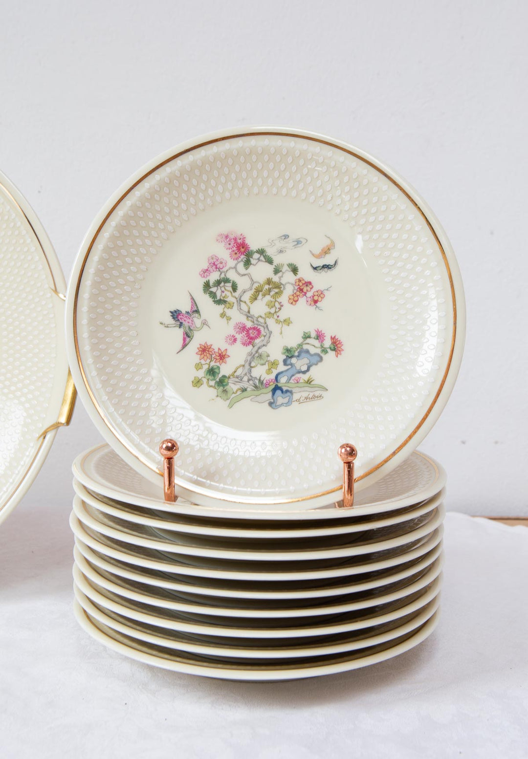 Juego de postre en porcelana Limoges flores filo dorado PARA 10 (11 PIEZAS)
