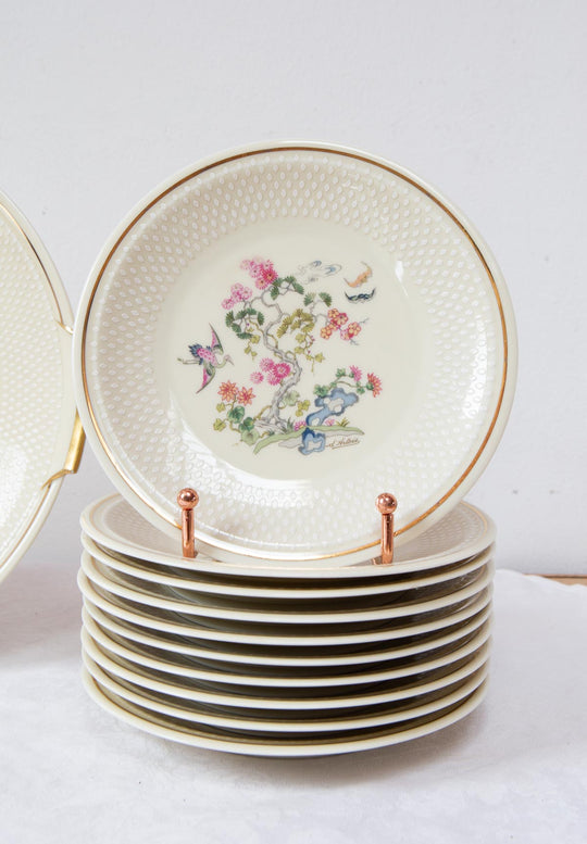 Juego de postre en porcelana Limoges flores filo dorado PARA 10 (11 PIEZAS)