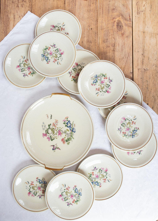 Juego de postre en porcelana Limoges flores filo dorado PARA 10 (11 PIEZAS)