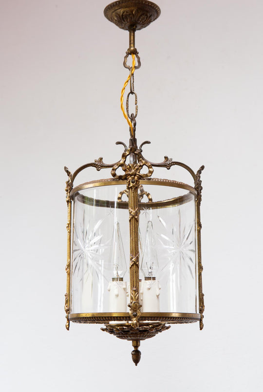 Antiguo farol francés bronce con cristal tallado estrellas (23 cm)