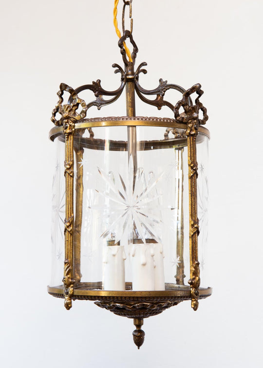 Antiguo farol francés bronce con cristal tallado estrellas (23 cm)
