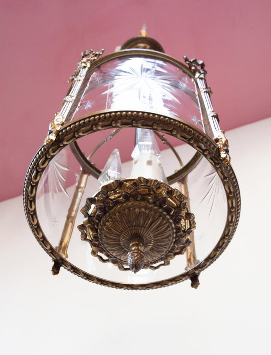 Antiguo farol francés bronce con cristal tallado estrellas (23 cm)