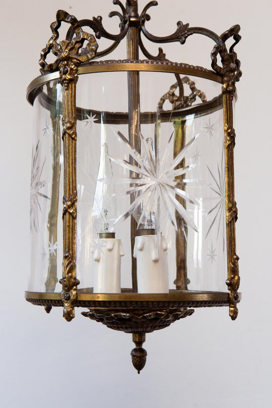 Antiguo farol francés bronce con cristal tallado estrellas (23 cm)