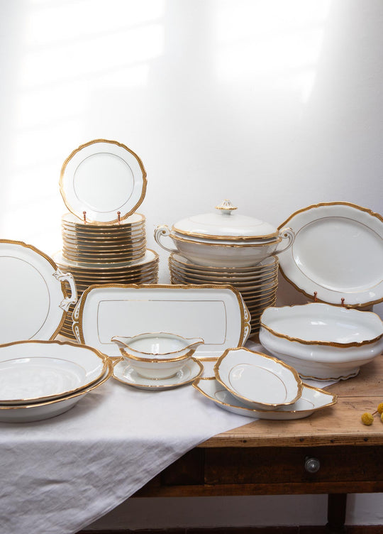 vajilla porcelana limoges blanco y filo oro fino