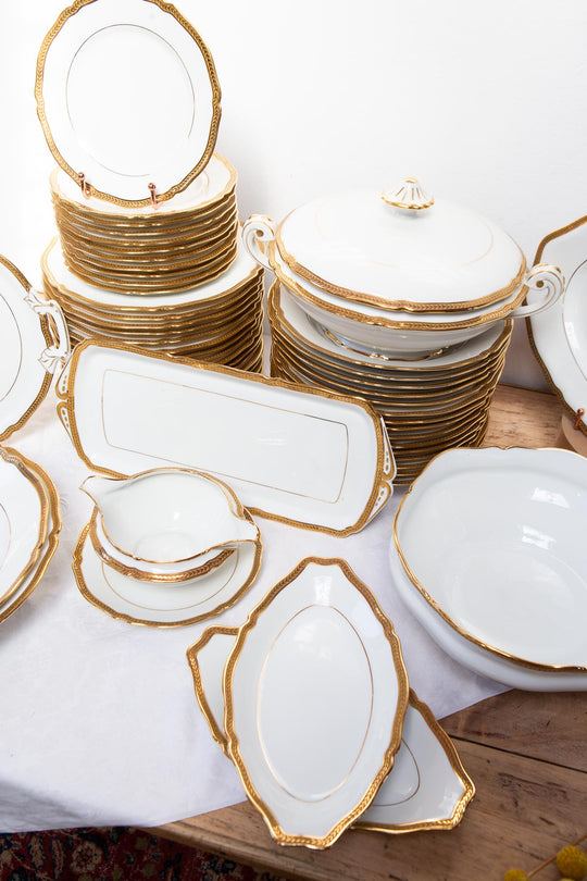 vajilla porcelana limoges blanco y filo oro fino