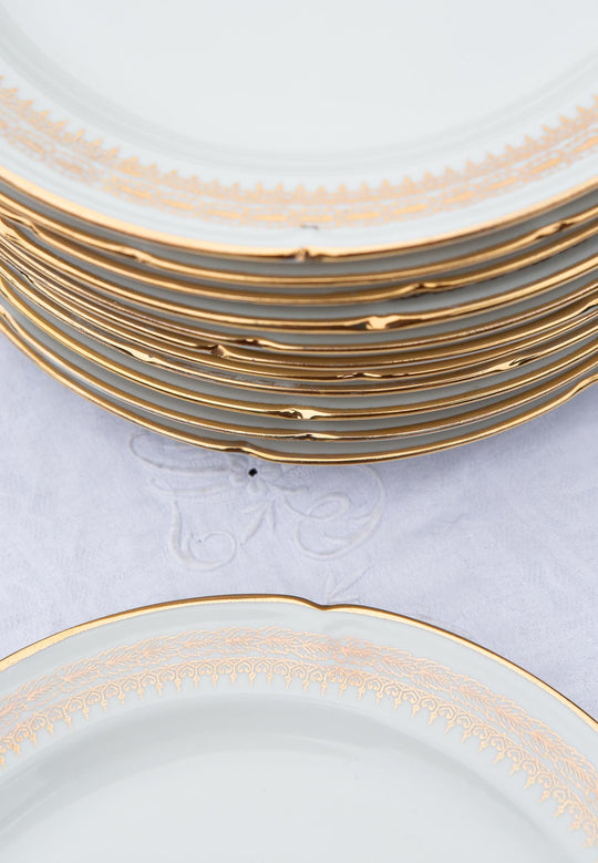 Juego de 12 platos LLANOS porcelana Limoges detalles dorados (2 JUEGOS DISPONIBLES)