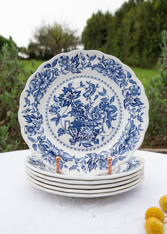 Juego de 6 platos POSTRE loza inglesa azul "Pagoda" Ridgway Sttafordshire c. 1970s