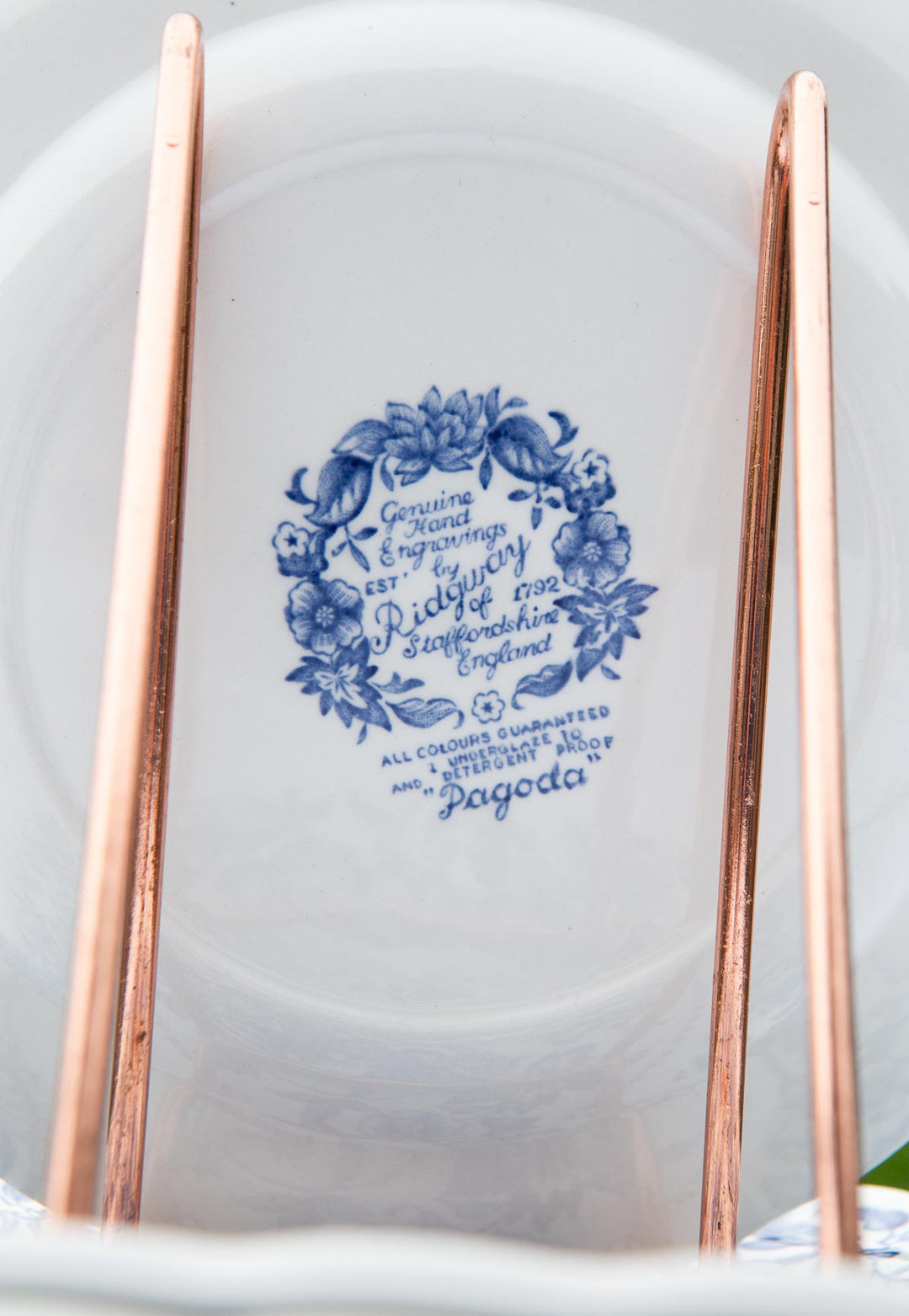 Juego de 6 platos POSTRE loza inglesa azul "Pagoda" Ridgway Sttafordshire c. 1970s