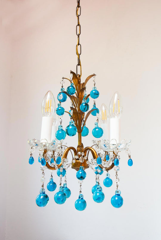 Chandelier italiano metal dorado gotas cristal Murano azul turquesa c. 1960 (26 cm)
