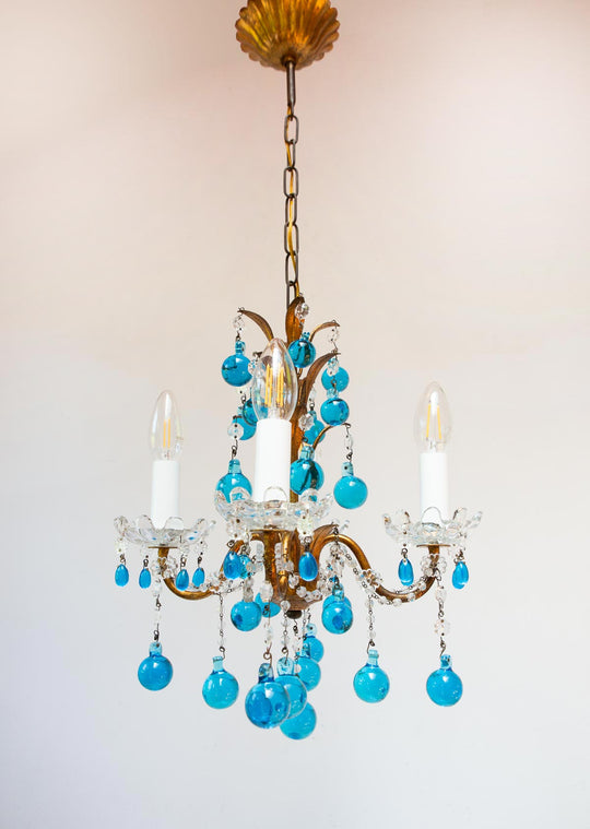 Chandelier italiano metal dorado gotas cristal Murano azul turquesa c. 1960 (26 cm)