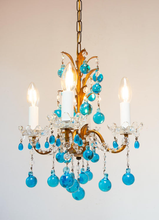 Chandelier italiano metal dorado gotas cristal Murano azul turquesa c. 1960 (26 cm)
