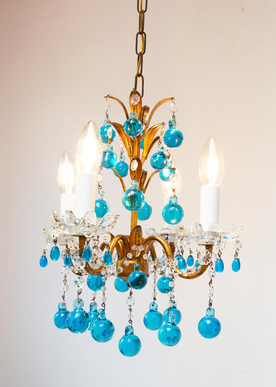 Chandelier italiano metal dorado gotas cristal Murano azul turquesa c. 1960 (26 cm)
