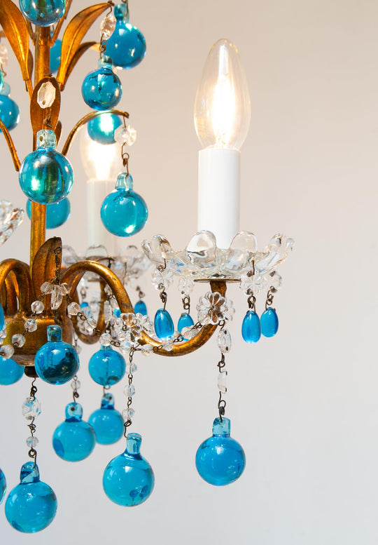 Chandelier italiano metal dorado gotas cristal Murano azul turquesa c. 1960 (26 cm)