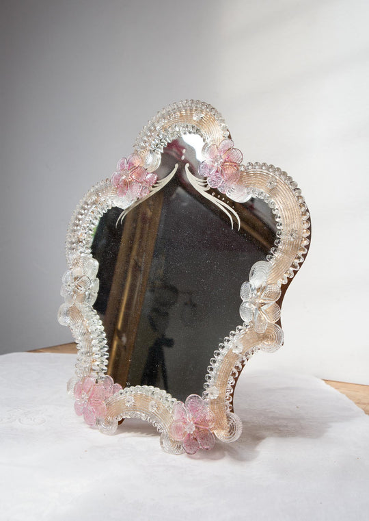 Espejo de tocador o mural cristal Murano flores rosa c. 1950 (36*31 cm)