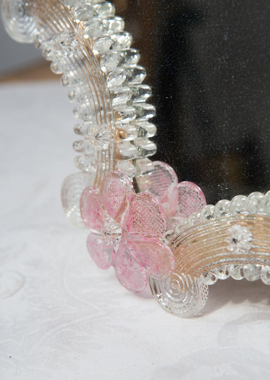Espejo de tocador o mural cristal Murano flores rosa c. 1950 (36*31 cm)